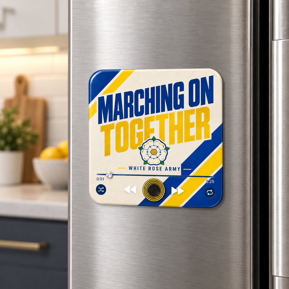 Yorkshire blue and yellow football sound magnet on fridge